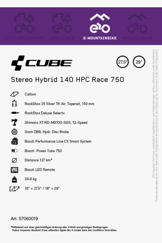 CUBE Stereo Hybrid 140 HPC Race 750 27.5/29 e-mountainbike 2023