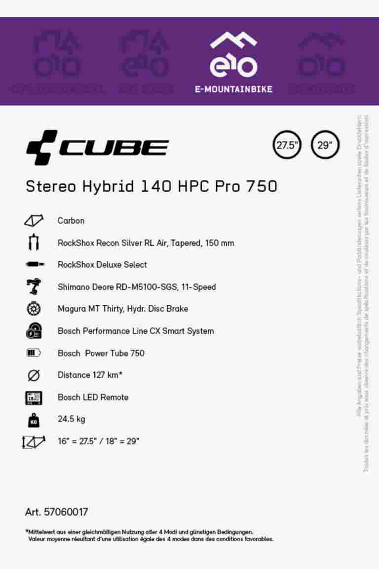 CUBE Stereo Hybrid 140 HPC Pro 750 27.5/29 E-Mountainbike 2023