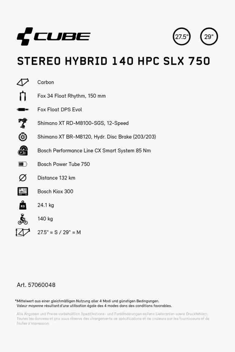 CUBE Stereo Hybrid 140 HPC SLX 750 27.5/29 E-Mountainbike 2024