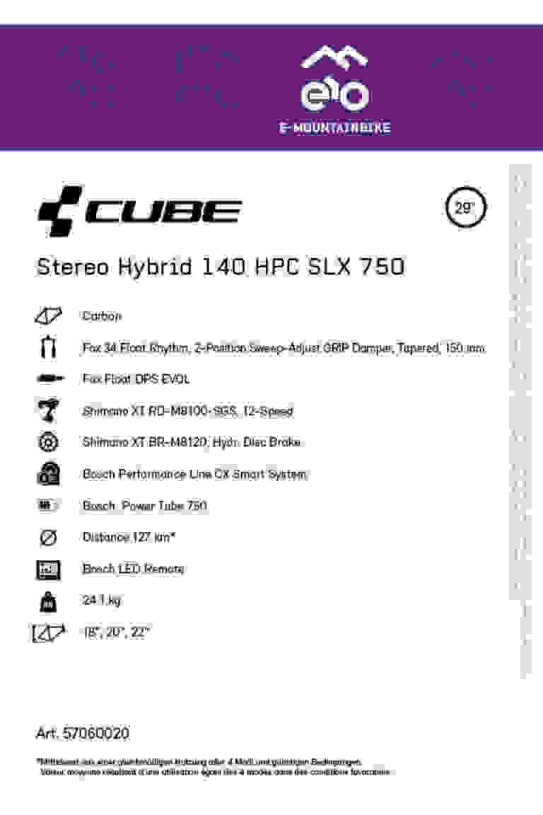 CUBE Stereo Hybrid 140 HPC SLX 750 29 E-Mountainbike 2023